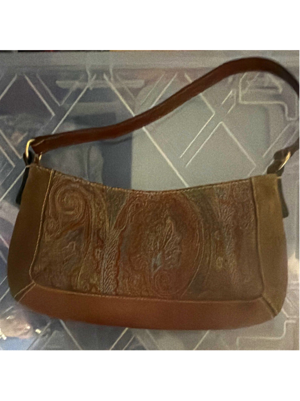 Etro Brown Paisley Crescent Shoulder Bag Zip Top Orange Lining Gold Hardware